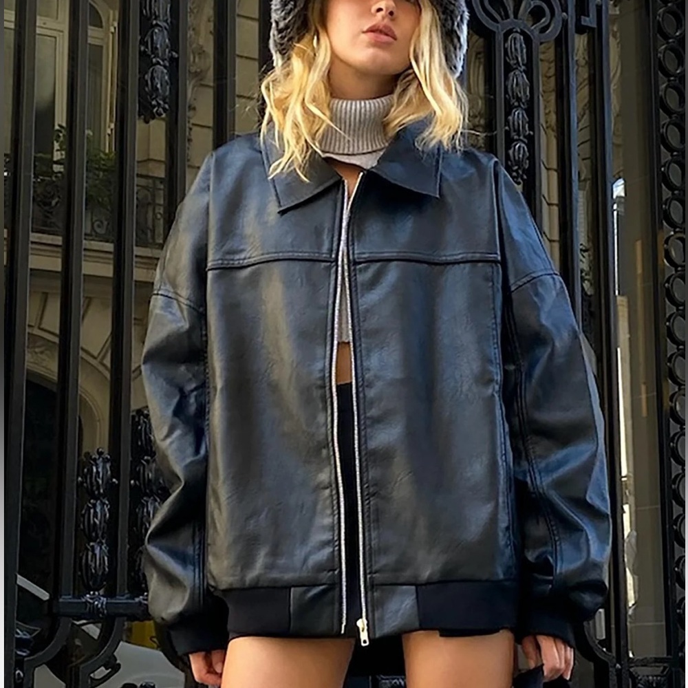 Princess Polly Goldsmith Faux Leather Bomber Jacket Black